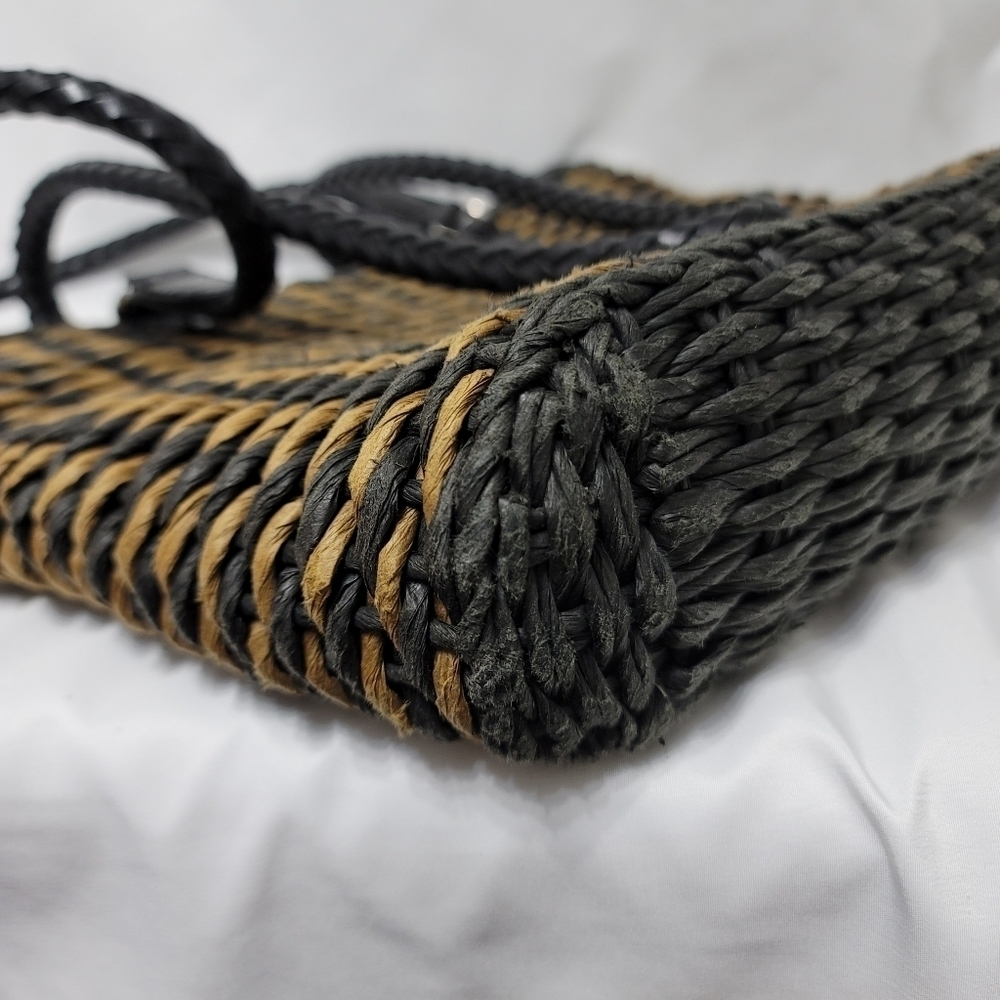 Vintage Brighton Raffia Straw Leather Trim Shoulder Bag - Black & Tan - Picture 9 of 16